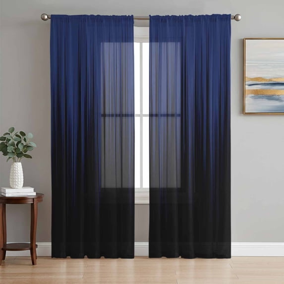 Navy Blue Black Ombre Sheer Curtains 108 Inch Length 2 Panels Set, Modern Abstract Striped Gradient Voile Window Treatment Semi Sheer Long Curtains Drapes for Bedroom/Living Room/Kitchen 52"x108"x2