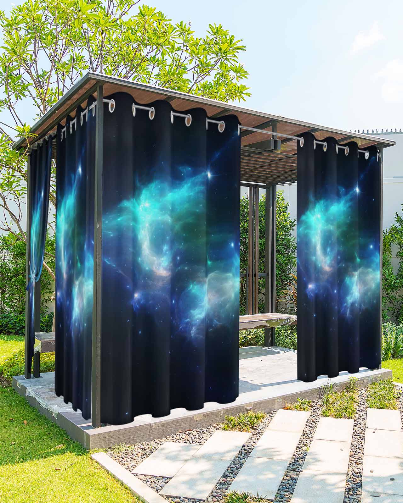 Navy Blue Black Outdoor Curtains for Patio, Stars Sky Modern Art Privacy Drapes Grommet Waterproof Outside Curtains for Porch/Cabana/Balcony 54"x 108", 1 Panel