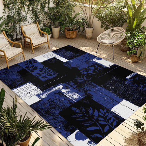 Navy Blue Black Outdoor Rug for Patio/Deck/Porch, Non-Slip Large Area Rug 6 x 9 Ft, Modern Abstract Art Botanical Indoor Outdoor Rugs Washable Area Rugs, Reversible Camping Rug Carpet Runner