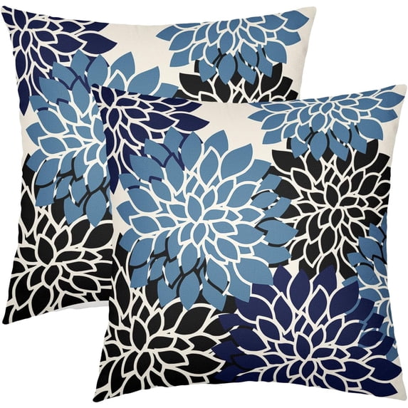 Navy Blue Black Pillow Covers 16x16 Inch Set of 2 Dahlia Floral Decorative Throw Pillows For Couch Geometry Flowers Modern Pillow Cases Home Decor For Sofa Couch Porch Patio Living Room Outdoor