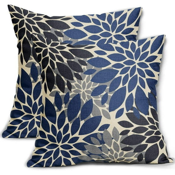 Navy Blue Black Pillow Covers 16x16 Set of 2 Modern Dahlia Floral Decorative Outdoor Pillowcases Geometric Art Flower Farmhouse Throw Cushion Case Decor for Couch Sofa Bed