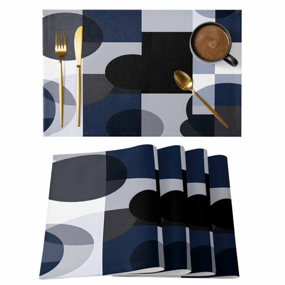 Navy Blue Black Placemats Set of 6, Cotton Linen Fabric Place Mats, Art Modern Abstract Geometric Washable Decorative Table Mats Protector for Home Kitchen Dining Wedding Party Coffee Tables