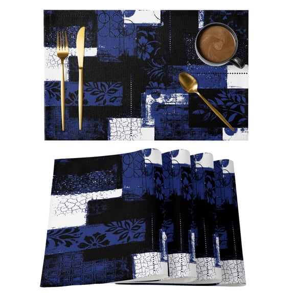 Navy Blue Black Placemats Set of 8 Modern Abstract Art Botanical Place Mats Indoor Wipeable Table Mats Washable Cloth Dining Table Placemats for Kitchen Holiday Party Home Decor 13x19 Inch