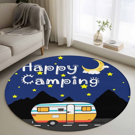 Navy Blue Black Round Rug 4ft Washable Circle Entryway Rugs Non Slip Cartoon Truck Moon Stars Area Rug Indoor Floor Carpet for Bedroom Kitchen Living Room Home Office Dining Room Nursery