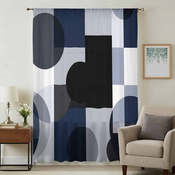 Navy Blue Black Sheer Curtains 72 Inches Long, Art Modern Abstract Geometric Light Filering Curtains, Breathable Simi Curtain Privacy Drapes for Living Room Bedroom Lightweight Window Treatment