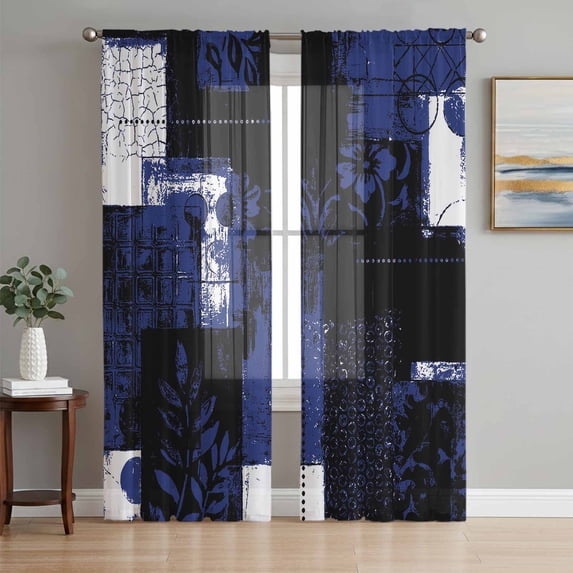 Navy Blue Black Sheer Curtains 96 Inch Length 2 Panels Set, Modern Abstract Art Botanical Voile Window Treatment Semi Sheer Long Curtains Drapes for Bedroom/Living Room/Kitchen 52"x96"x2