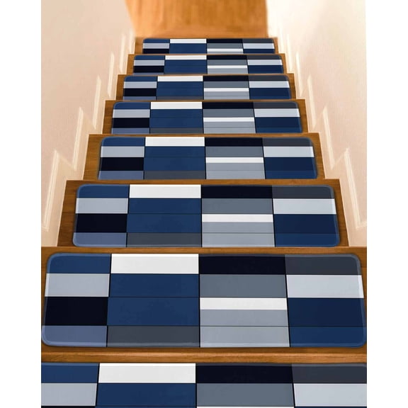 Navy Blue Black Stair Treads for Wooden Steps Indoor Runner Rug Carpet, Grey White Patchwork Abstract Geometric 4 Pieces Peel and Stick Staircase Step Treads Covers Washable Throw Door Mats, 30"x8"