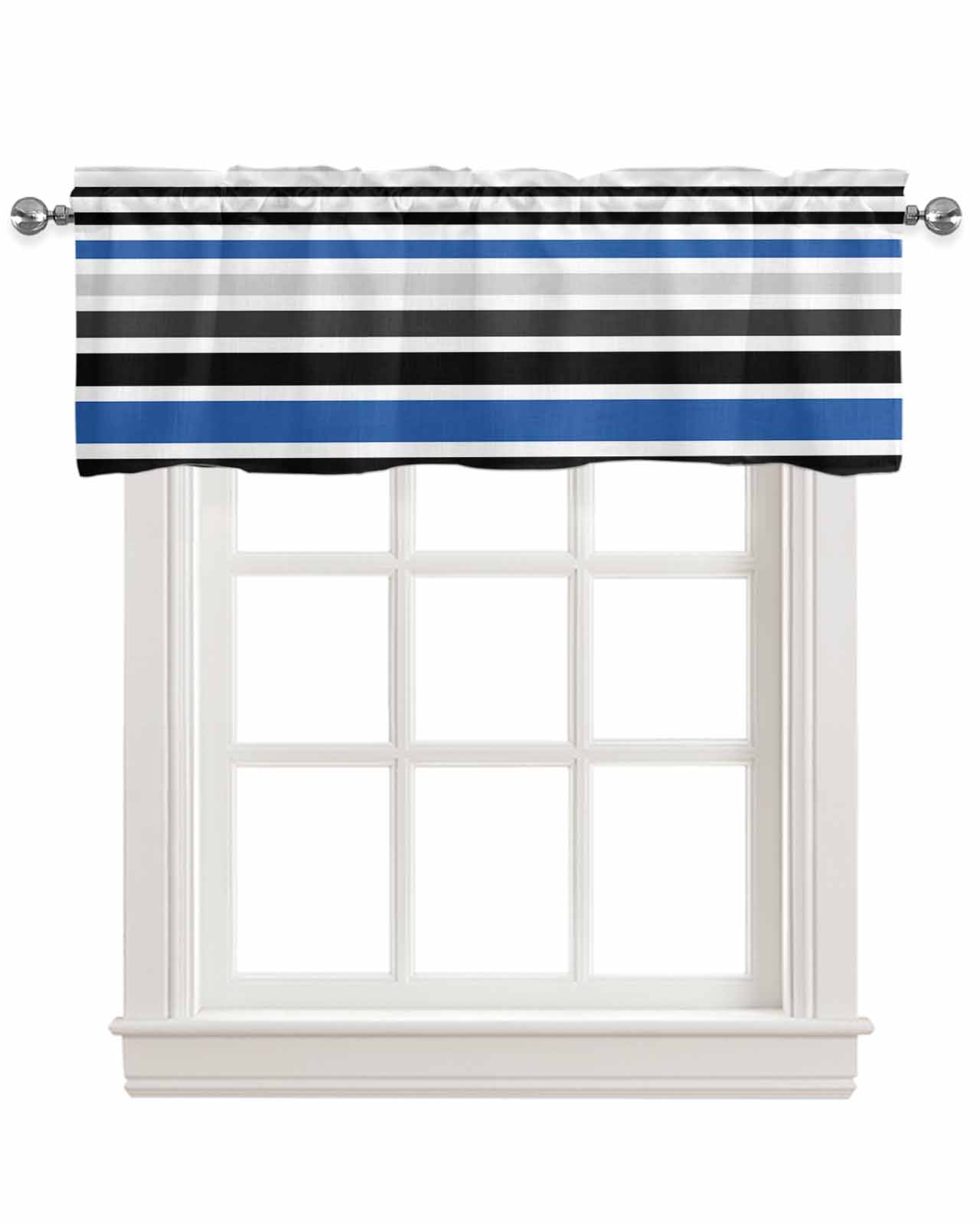 Navy Blue Black Stripe Kitchen Valances for Windows Farmhouse Linen Window Valance Curtain for Living Room Window Treatment Modern Abstract Coarse Striped Valance Rod Pocket Topper, 54 x 18 Inch