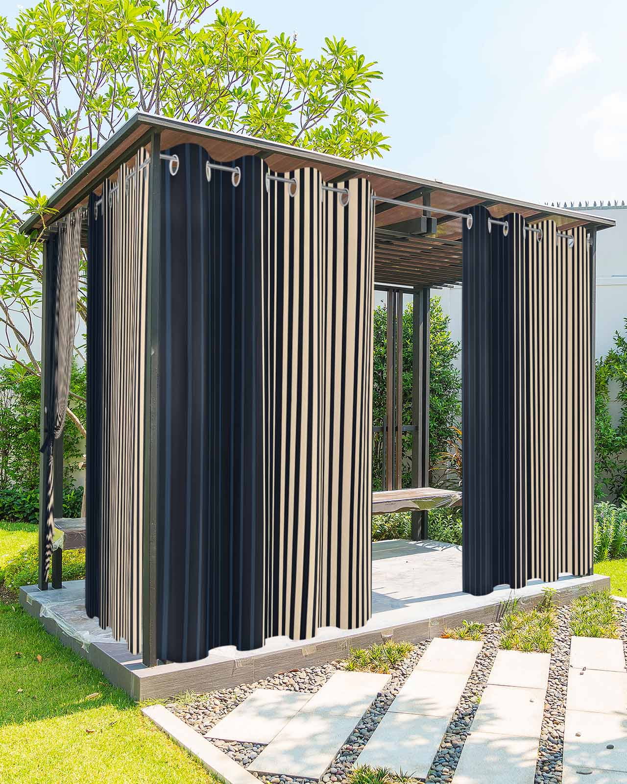 Navy Blue Black Stripe Outdoor Curtains for Patio, Contemporary Clean-lined Abstract Privacy Drapes Grommet Waterproof Outside Curtains for Porch/Cabana/Balcony 54"x 108", 1 Panel