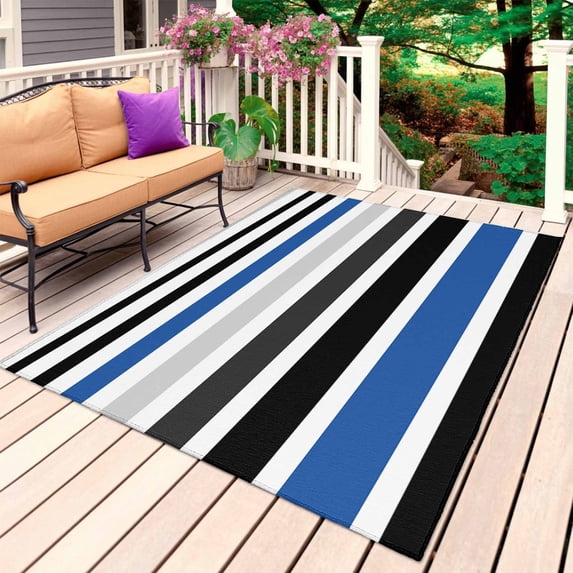 Navy Blue Black Stripe Outdoor Rug 3x5 Ft, Non Slip Washable Area Rug, Modern Abstract Coarse Striped Patio Rugs Carpet Runner, Large Floor Mat for Indoor/Outdoor Deck Porch Camping