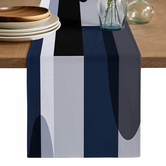 Navy Blue Black Table Runner, Art Modern Abstract Geometric Washable Cotton Linen Table Runners 36 Inches Long, Dresser Scarf Runner for Nightstand/End Tables/Round Tables 13''x36''