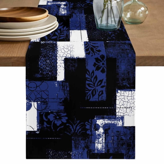 Navy Blue Black Table Runner, Modern Abstract Art Botanical Washable Cotton Linen Table Runners 72 Inches Long, Dresser Scarf Runner for Dining/Coffee/TV Stands/Kitchen/Cabinets 16''x72''