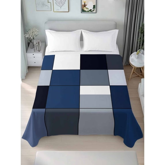 Navy Blue Black Twim Size Flat Sheet, Wrinkleproof & Fadeproof Cooling Flat Bed Sheet Only, Grey White Patchwork Abstract Geometric Breathable Soft Bedding Top Sheets 66 x 96 Inches