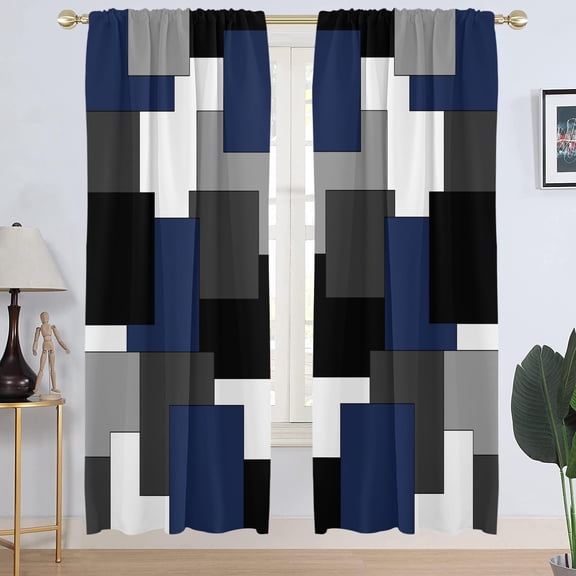 Navy Blue and Black Window Curtain Grey Gray White Geometric Abstract Mens Teen Boys Minimalist Art Long Living Room Bedroom Drapes Treatment Fabric 1 Pair Home Decor, 42" W x 84" L, Modern