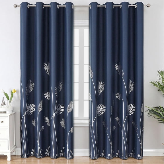 Navy Blue Blackout Curtains 102" Long with Silver Palm Tree Pattern, Thermal Insulated Grommet Drapes, 2 Panels