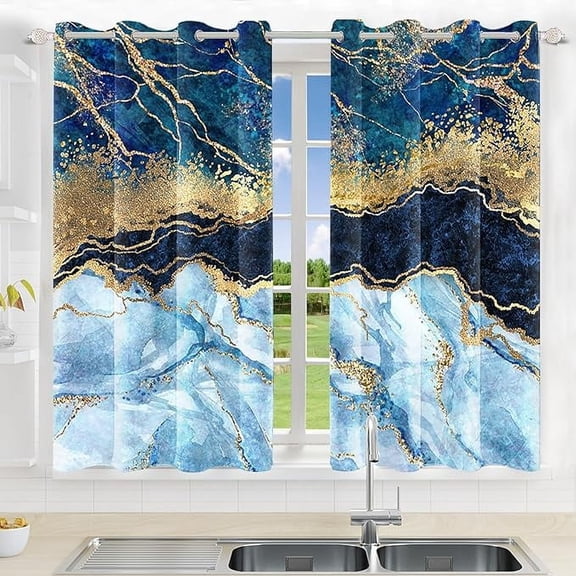 Navy Blue Blackout Curtains, Blue Abstract Marble Pattern Kitchen Curtain Panels For Bedroom Gold Luxury Modern Thermal Insulated Grommet Living Room Drapes 26"W x 45"L (Pack of 2)