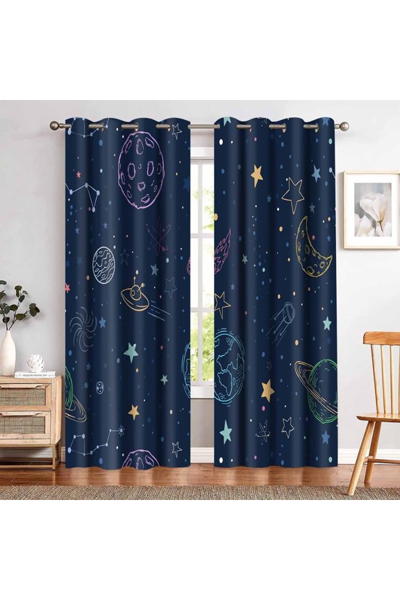 Navy Blue Blackout Curtains Space Theme Curtains Star Moon Planet Printed Children Bedroom Window Drapes For Bedrooms Living Rooms 38"W x 45"L (Pack of 2)