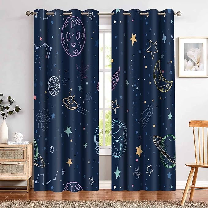 Navy Blue Blackout Curtains Space Theme Curtains Star Moon Planet ...