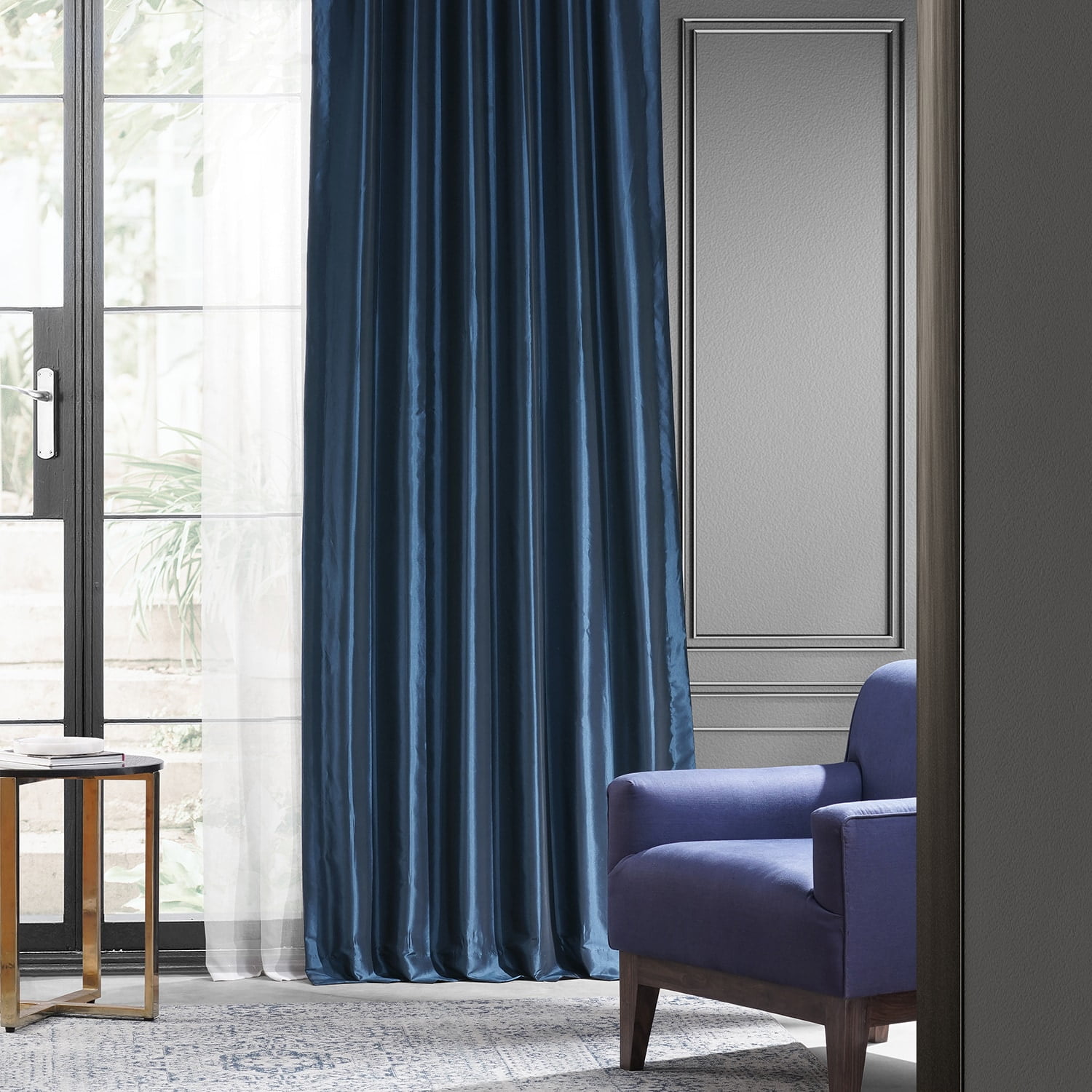 Navy Blue Blackout Faux Silk Taffeta Curtain Panel