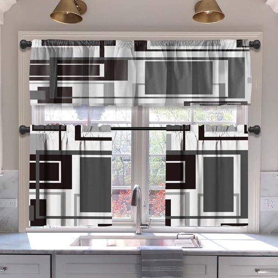 Navy Blue Blackout Kitchen Curtains Tiers and Valances Set 3 Piece for Windows Grey and Black Kitchen Window Curtains Set,Geometric Modern Art Valances for Living Room(36" Tiers Set)