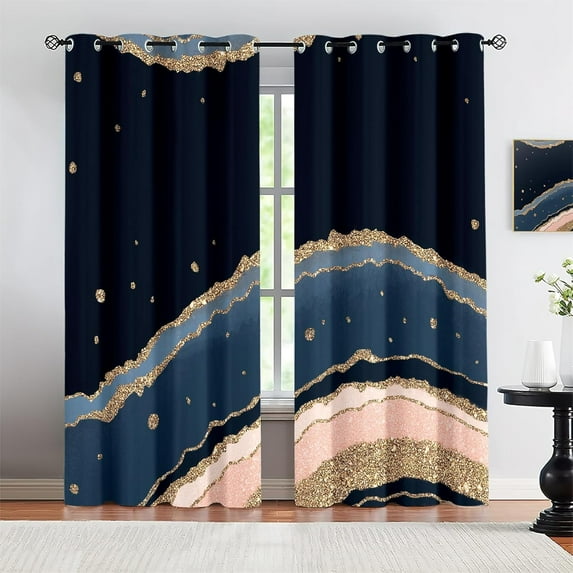 Navy Blue Blackout Privacy Curtains, Pink Rose Gold Marble Gold Foil Texture 3D Print Window Drapes , Noise Reducing Grommet Window Curtains, For Kitchen Bedroom 42"W x 63"L (Pack of 2)