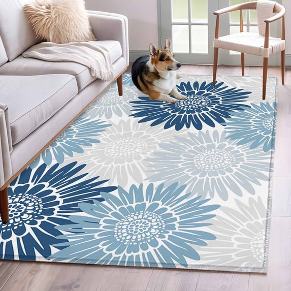 Navy Blue Blue Gray Sunflowers Area Rugs 4x6 ft Abstract Blooming Floral Washable Rug Non Slip Indoor Carpet Absorbent Floor Mat for Living Room Bedroom Dining Room