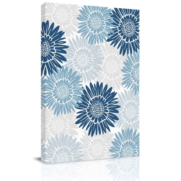 Navy Blue Blue Gray Sunflowers Canvas Wall Art for Living Room, Abstract Blooming Floral Wall Decor Framed Artwork Pictures Ready to Hang for Bedroom Office Home Decor