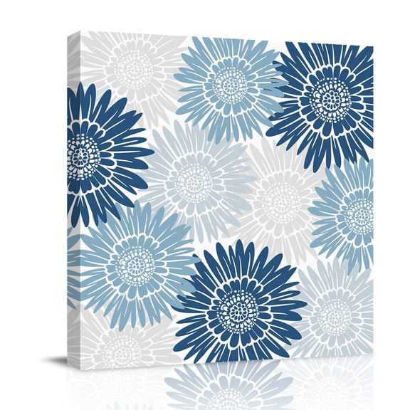 Navy Blue Blue Gray Sunflowers Canvas Wall Art for Living Room, Abstract Blooming Floral Wall Decor Framed Artwork Pictures Ready to Hang for Bedroom Office Home Decor