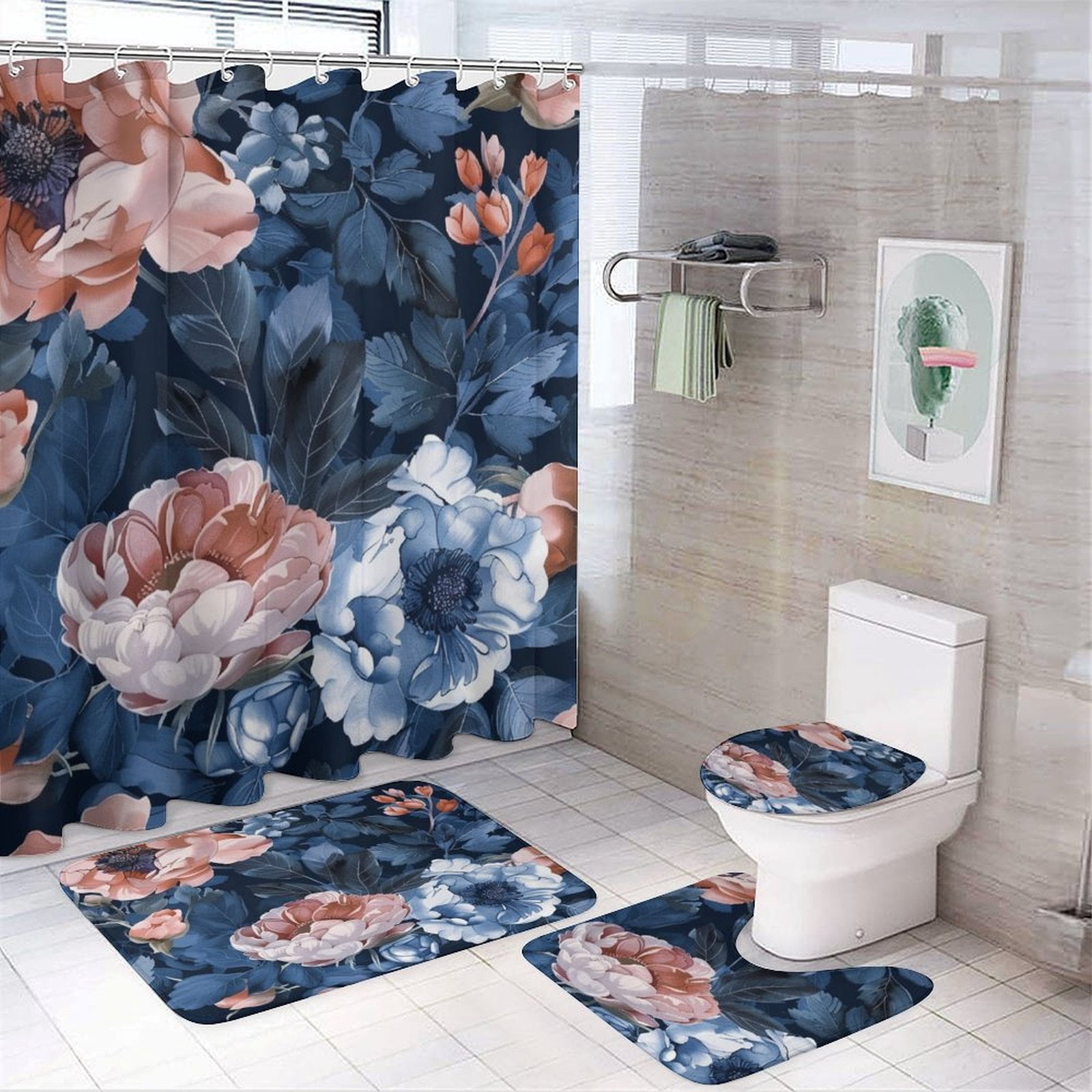 Navy Blue Blush Pink Floral 4 Piece Bathroom Rug Set with Shower