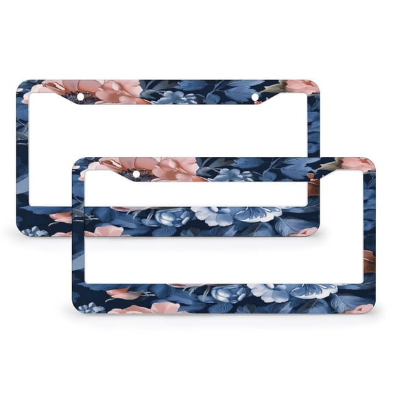Navy Blue Blush Pink Floral License Plate Cover 2 PCS Pink Peony Floral with Green Leaf Personalized License Plate Frame for Women Men US Vehicles 2 Holes Aluminum Metal License Plate Frames