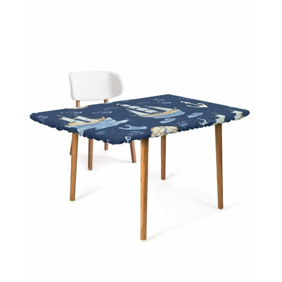 Navy Blue Boat Coastal Rectangle Tablecloth, Waterproof Elastic Fitted Table Covers for 6 Foot Tables, 32x72inch Decorative Tablecloths for Picnic, Camping, Indoor, Outdoor, Nautical Sea Summer Ocean