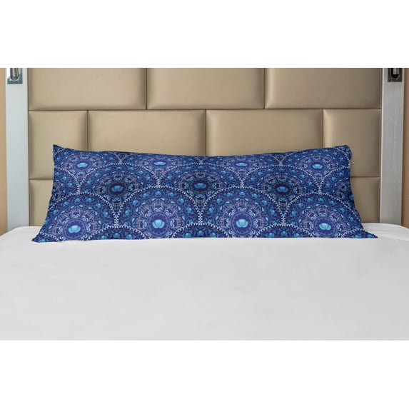 Navy Blue Body Pillow Case Cover with Zipper, Circular and Floral Alike Oriental Style Patterned Design Artwork, Decorative Accent Long Pillowcase, Navy Blue White and Blue, by Ambesonne