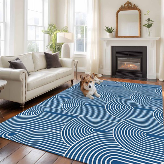 Navy Blue Bohemian Area Rugs 5x7 ft Abstract Stripes Texture Geometric Pattern Washable Rug Non Slip Indoor Carpet Absorbent Floor Mat for Living Room Bedroom Dining Room
