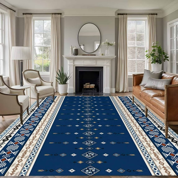 Navy Blue Boho 6'x9' Area Rug for Living Room, Vintage Ethnic Tribe Abstract Art Washable Non-Slip Floor Mat Rugs for Bedroom Dining Room, Indoor Large Carpet for Classroom, Nursery Rugs for Playroom