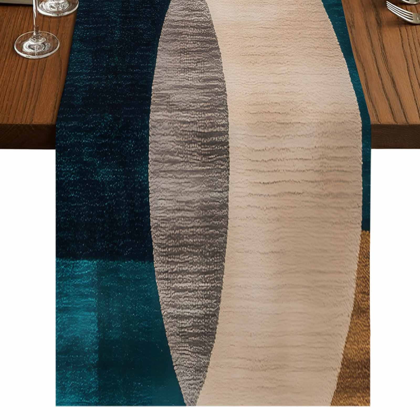 Navy Blue Boho 90 Inch Table Runner, Circle Beige Vintage Modern ...