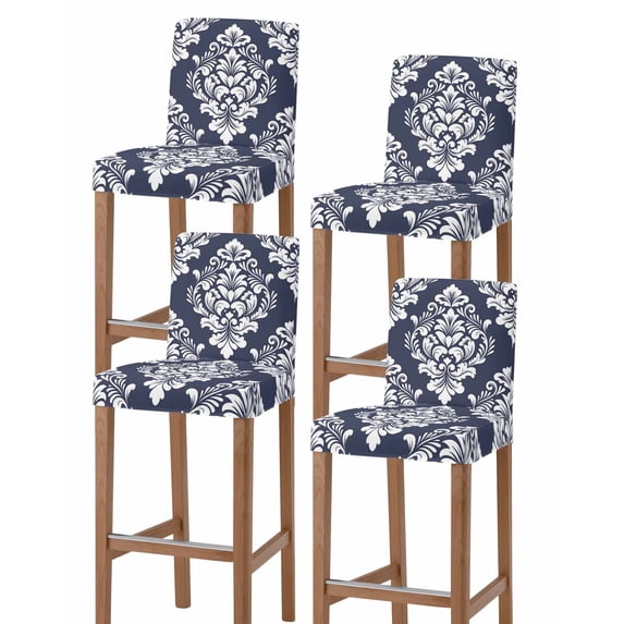 Navy Blue Boho Bar Stool Covers Set of 4, Vintage Classic Bohemia Flower Textured Stretch Washable Bar Chair Covers with Backs, Removable Pub Counter Height Chair Cover for Kitchen Dining Room Cafe