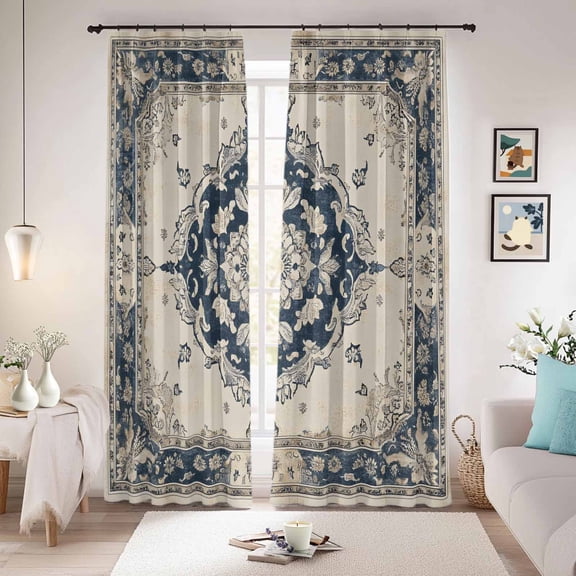 Navy Blue Boho Blackout Curtains for Bedroom/Living Room, Pinch Pleated Black Out Curtains, Retro Southwestern Ethnic Geometric Room Darkening Window Drapes with Hooks 2 Panels, 39"x70"