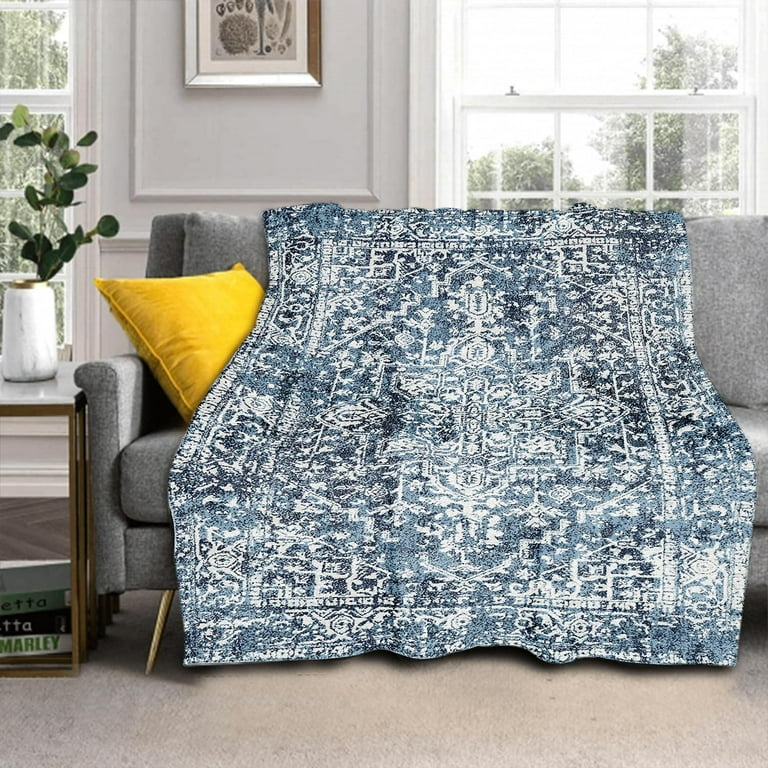 Navy Blue Boho Blanket Soft Flannel Lightweight Retro Bohemian Throw Blanket Cozy Warm Vintage Aztec Geometric Blankets All Seasons Living Room Decor