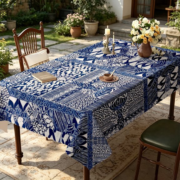 Navy Blue Boho Botanical Patchwork Print Tablecloth, Kitchen Living Room Holiday Gathering Decor, Unique Splicing Table Cover, Thanksgiving Christmas Gift
