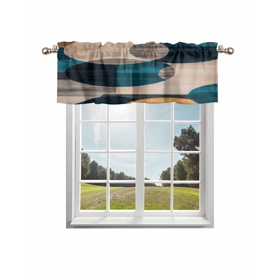Navy Blue Boho Curtain Valance for Windows/Living Room/Kitchen/Bathroom/Café, Short Rod Pocket Tier Curtain Window Treatment Panel Circle Beige Vintage Modern Topper Curtain 54''x18''