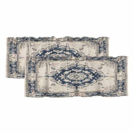 Navy Blue Boho Curtain Valances for Windows, Kitchen Valance Window Treatments Panel 2 Pack, Retro Southwestern Ethnic Geometric Rod Pocket Short Curtains for Bathroom Bedroom 42 x 12 Inch