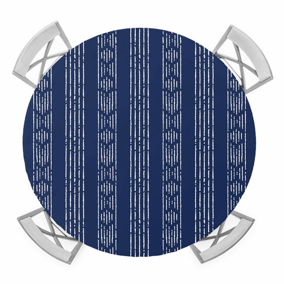 Navy Blue Boho Elastic Fitted Round Table Cover Bohemian Style Stripe Waterproof Outdoor Tablecloth for Holiday Party, Picnic, Patio & Dining Fits Tables Up to 55"-60"