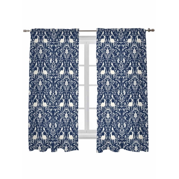 Navy Blue Boho Elk Curtains 63 Inch Length, Sheer Curtains for Bedroom Living Room Window Middle Century Vintage Botanical Rod Pocket Voile Drapes Kitchen Curtains Small Half Window 42"x63" 2 Panels