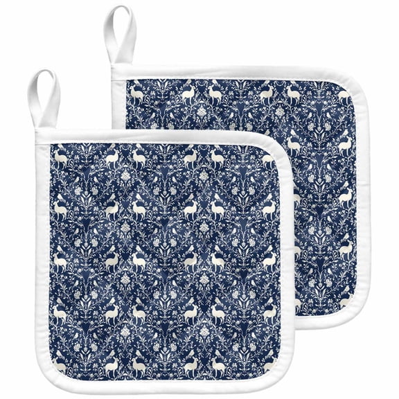 Navy Blue Boho Elk Pot Holders for Kitchen Heatproof Potholder, 2 Pack Middle Century Vintage Botanical Hot Pads Multipurpose Oven Pads Cloth Potholders Trivet for Cooking and Baking