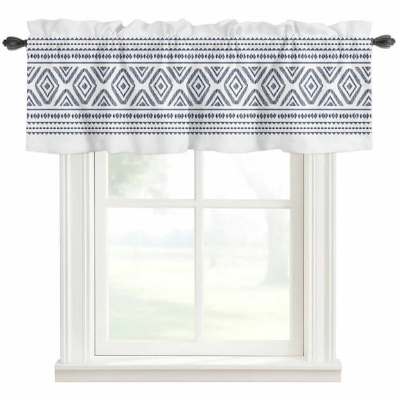 Navy Blue Boho Farmhouse Short Window Curtain Valances, Vintage Southwestern Geometric Stripes Rod Pocket Kitchen Valances for Living Room Bedroom Bathroom Cafe 42" x 18"