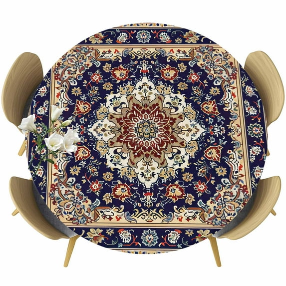 Navy Blue Boho Fitted Tablecloth with Elastic Edged, Round Table Cloth for Dining Table, Contemporary Abstract Ethnic Vintage Geometric Waterproof Oil Proof Table Cover for Indoor Outdoor 55"-60"