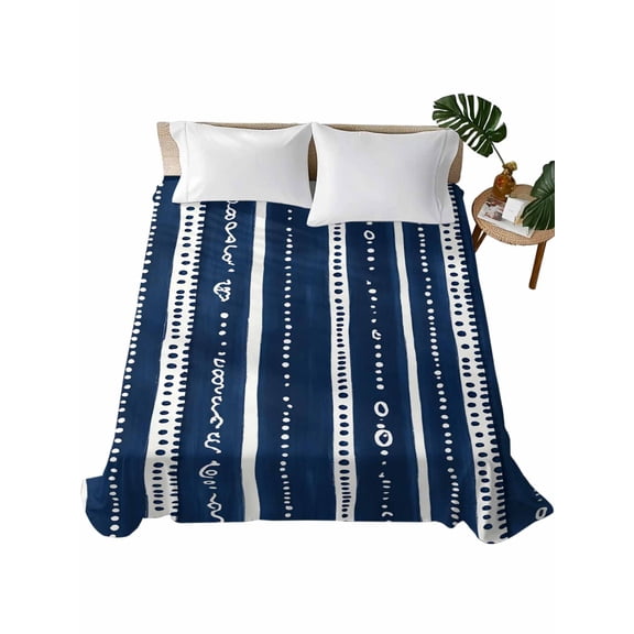 Navy Blue Boho Flat Sheets Only Queen Size, Soft Breathable Bed Top Sheets for Mattress, Geometric Vertical Stripes Modern Art Luxury Bedding Flat Sheets for Home Hotel Bedroom Bed Protection