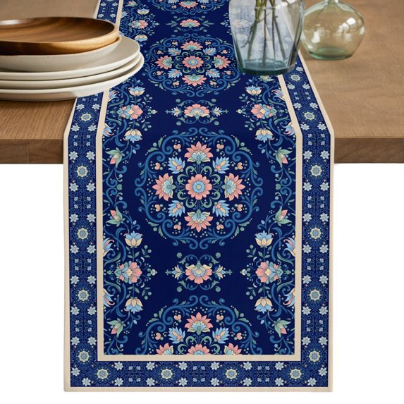 Navy Blue Boho Floral Table Runner 90 Inches Long,Ethnic Tribe Farmhouse Artwork Cotton Linen Table Runners Dresser Scarves,Fabric Tabletop Scarf Furniture Cover for Home Dinner Party 13"x90"