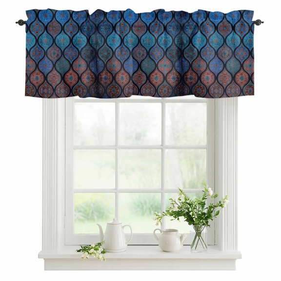 Navy Blue Boho Geometric Valances for Windows, Rod Pocket Kitchen Valance Curtains - Soft & Washable Small Window Treatment for Living Room, Bathroom, Bohemian Morocco Pattern 42x12inch, 1 Panel