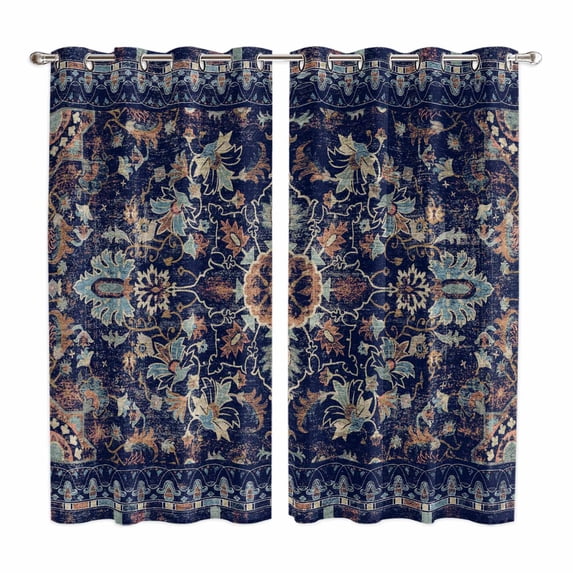 Navy Blue Boho Kitchen Curtains 63 Inch Length, Abstract Art Ethnic Vintage Geometric Grommet Top Bedroom Living Room Curtains, Light Filtering Cafe Curtain Drapes 2 Panels Set 84''x63''